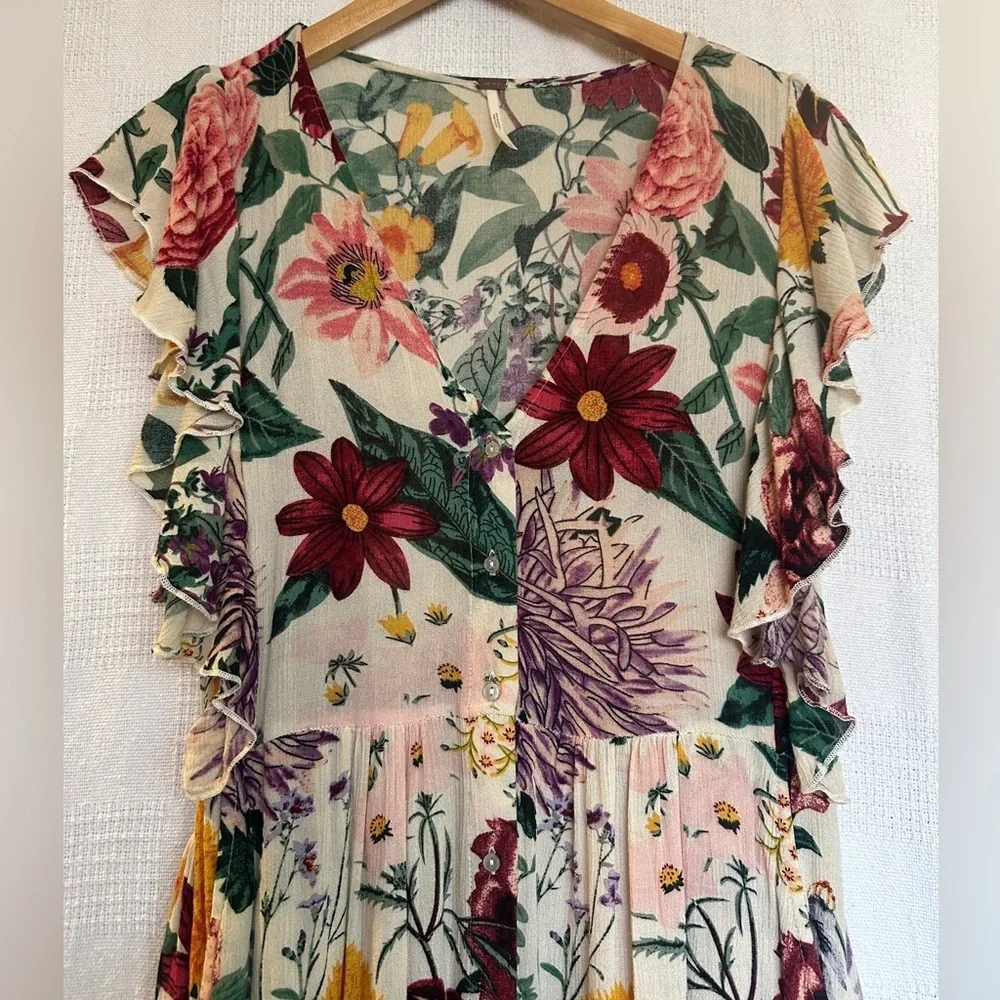 Free People Multicolored Floral Midi Dress with Flutter Sleeves
